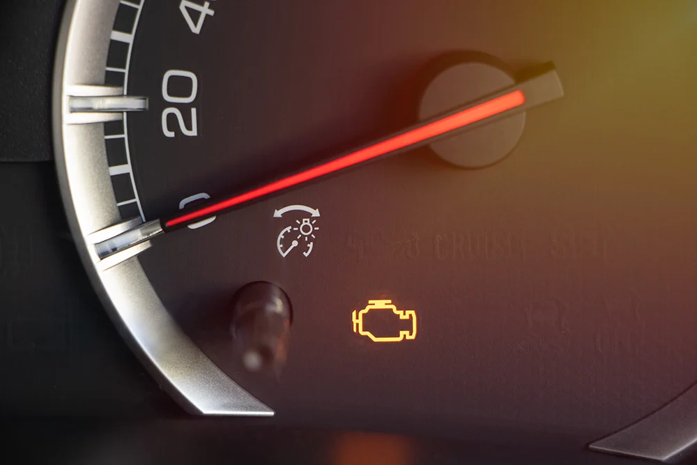 The check engine light is illuminated on a car's dash.